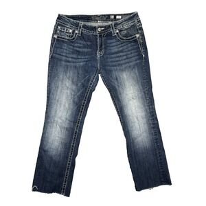 Miss Me Jeans Womens 31 x 24.5 Cropped Blue Straight Stretch Distressed Cutoff